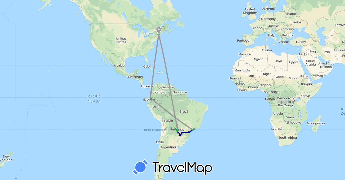 TravelMap itinerary: driving, bus, plane in Argentina, Brazil, Ecuador, Paraguay, United States (North America, South America)